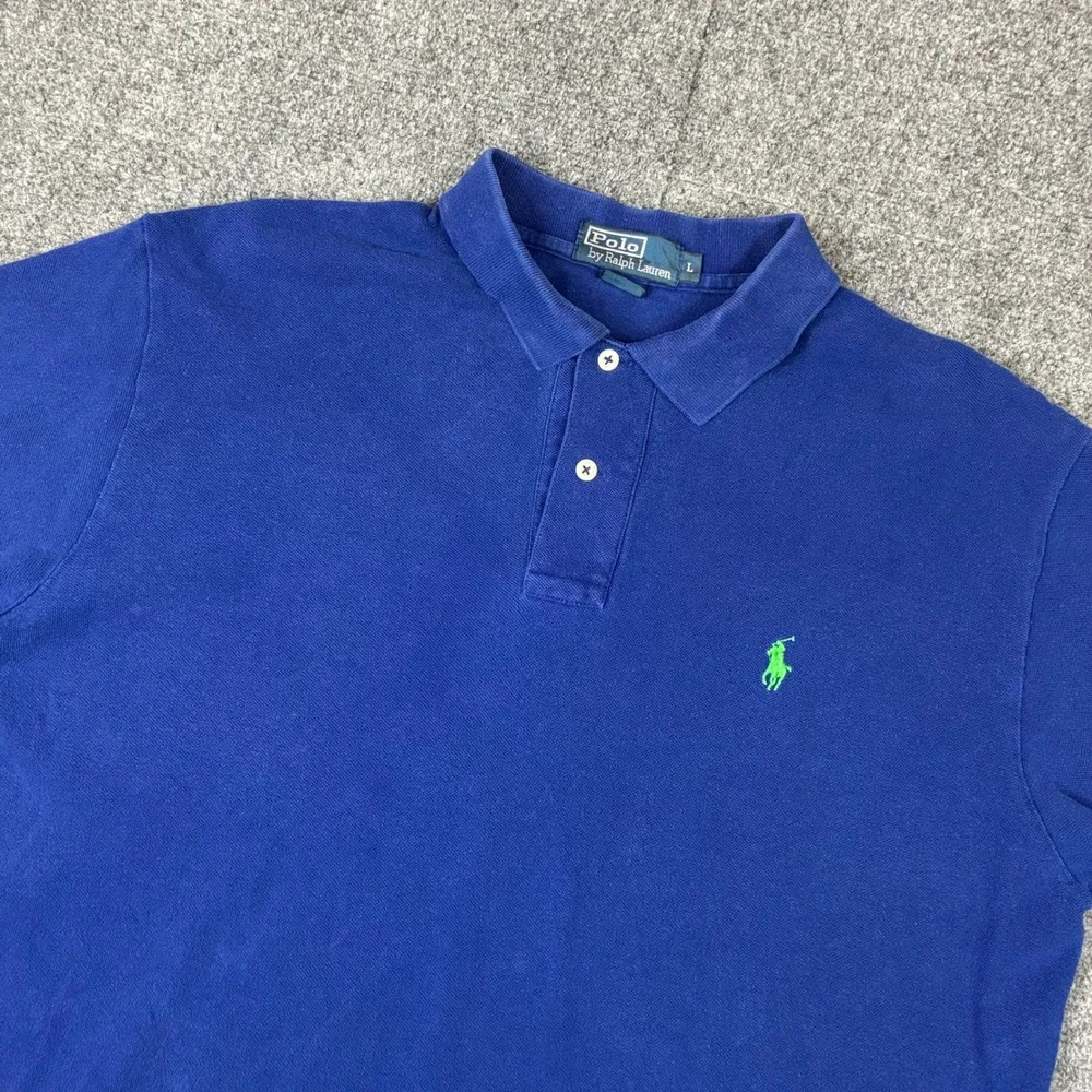 VTG Polo Ralph Lauren Mens Size Large Blue Lime Green Pony Mesh Pique Polo Shirt
